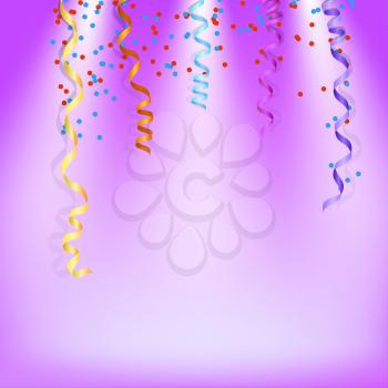 Purple background with shiny streamers and confetti. Vector illustration.