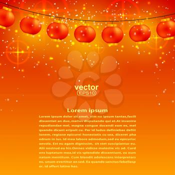 Festive orange background with garland of Chinese lanterns and stars. Vector illustration.