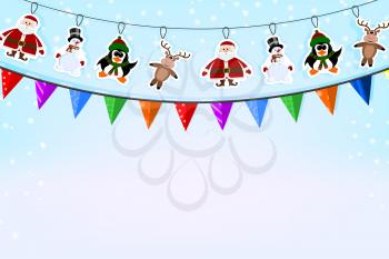 Christmas blue background with a garland of paper deer, penguin, Santa Claus and check boxes. Vector illustration. 