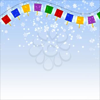 Winter blue background with snowflakes and garland of red Chinese lanterns. Vector illustration.