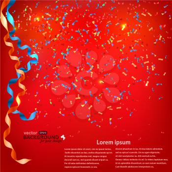 Red background with confetti and serpentine . Sample for your festive design. Vector illustration