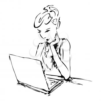 Graphic image of a girl working on a laptop. Vector illustration