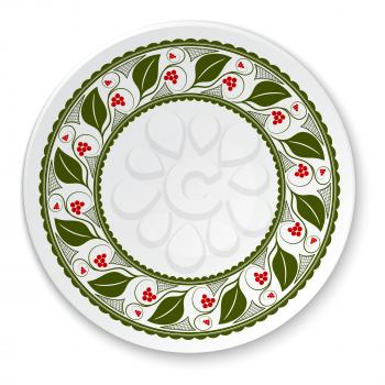 Round porcelain plate on a painting of a  viburnum on a white background. Vector illustration