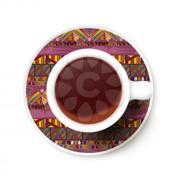 Cup of coffee and ethnic texture on a saucer. Vector illustration