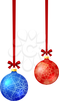 Vector blue Hristmas balls with decoration made from snowflakes shapes on a red ribbon. Original design element. Decorative color illustration for print.