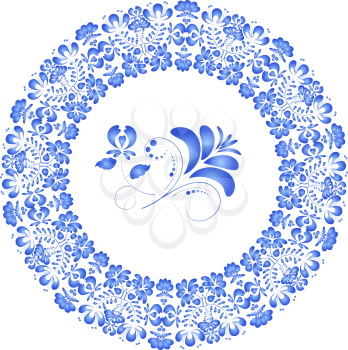 Flower blue frame in Gzhel style isolated on white background. Vector illustration. 