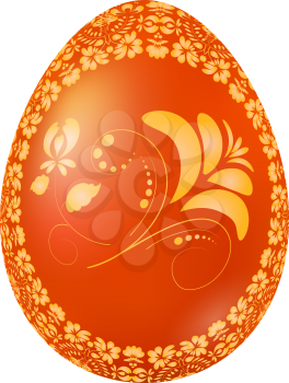 Easter red egg with Russian traditional yellow floral ornament. Vector illustration. 