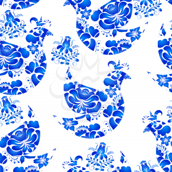 Seamless texture with birds and flowers on a white background. Gzhel. Vector illustration. 