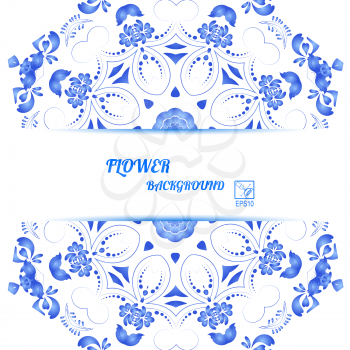 Banner with blue floral ornament in Gzhel style. Vector illustration.
