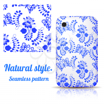 Seamless texture and decorated phone cover. Gzhel style. Vector illustration.