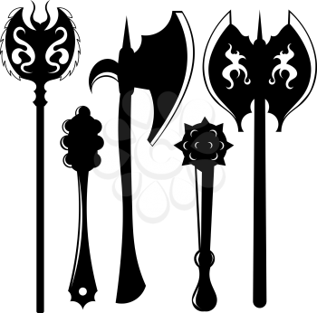 Set of silhouettes of weapons. Axes and maces. Vector illustration.
