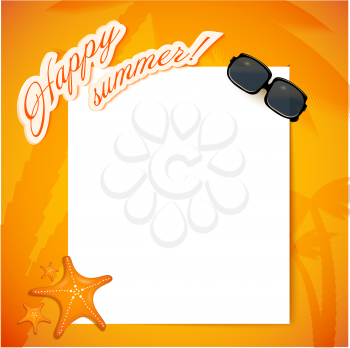 Bright yellow background with a white banner. Sunglasses. Card. Vector illustration.