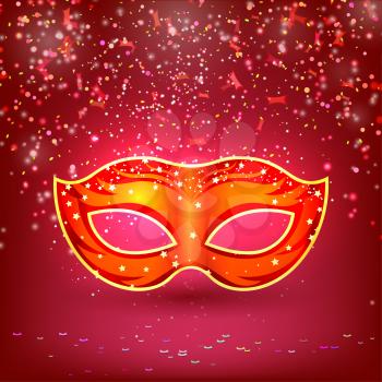 Red banner with theatrical carnival mask. Design your theater cultural events, masquerade, carnival. Vector illustration.