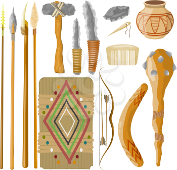 Large Set Items ancient people on white background. Objects related prehistoric man. Vector illustratio