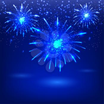 Celebratory fireworks on a blue background. Card. Vector illustration.