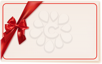 Gift card with red ribbon and bow on a white background. Vector illustration