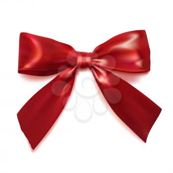 Realistic red bow with shadow on a white background. Silk ribbon. Vector illustration