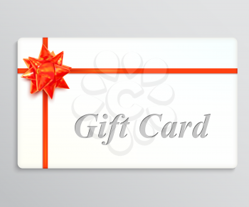 White gift card with a red bow and ribbons. Design element. Vector illustration
