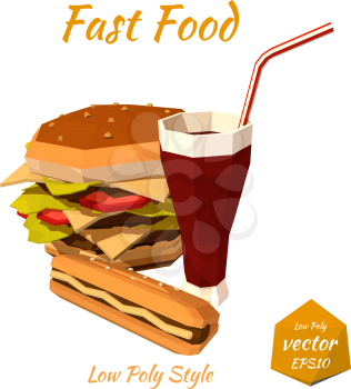 Set of fast food: hamburgers, hot dog with mustard, sodas drink with a straw isolated on white background. Low poly style. Design your menu diner bistro. Vector illustration. 