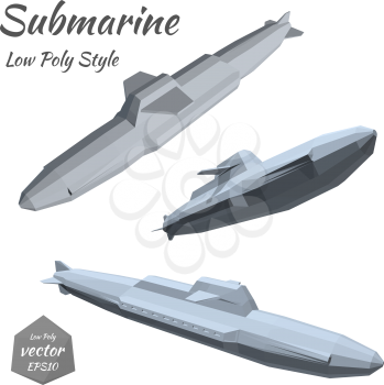 Set submarines isolated on white background. Low poly. Vector illustration.