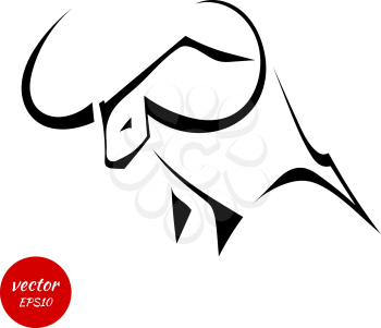 Silhouette of a bull with huge horns isolated on white background. Vector illustration.