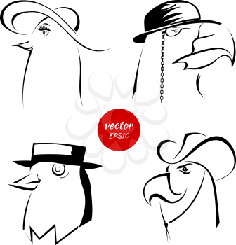 A set of sketches of various characters silhouettes of birds isolated on a white background. Vector illustration.