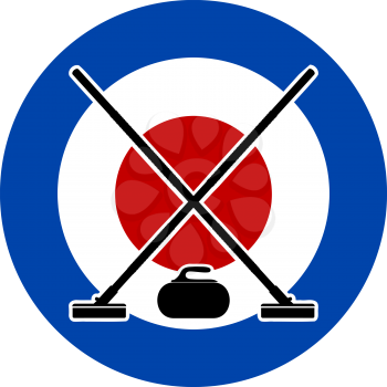 Brooms and stone for curling on Curling House. Vector illustration.