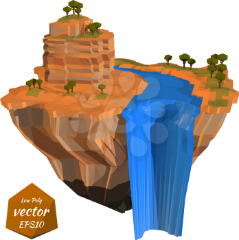 Abstract floating island with a rock waterfall. Low poly style. Vector illustration