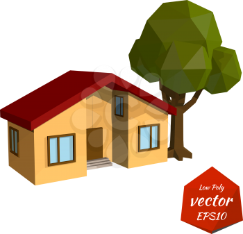 Yellow house with tree on white background. Low Poly style. Vector illustration