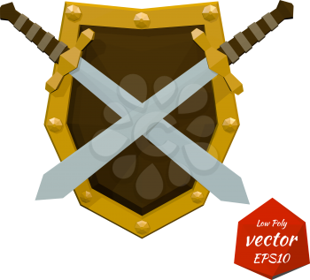 Low poly shield and swords on white background. Vector illustration