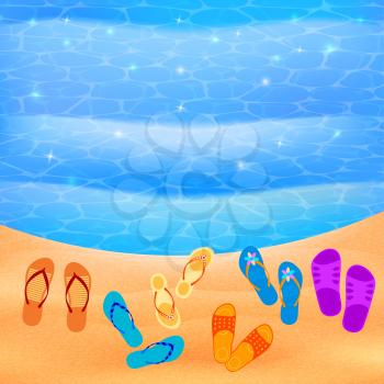 Beach shoes on the beach. Vector sunny beach with shoes. Illustration of beach Flip-flops on the sand, the beach and the waves. Summer travel concept. Design element for the travel agency. Beach parad