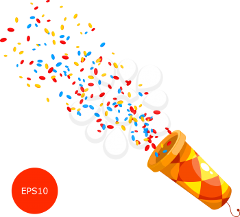 Colored Popper on white background. Cartoon vector popper - a concept of fun and celebration. Shooting Popper festival element. Sign holiday and fun. Confetti and popper on white background, isolate. 