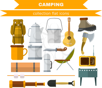 Set of camping items on a white background. Flat camping icons. Collection flat camping 
icons. Colored icons flat. Stock vector
