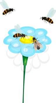 Bee and a blue flower on a white background. Cartoon drawing. Vector illustration