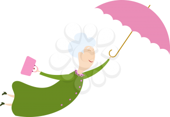 Flying woman with the umbrella. An elderly woman with an umbrella on a white 
background. Funny old woman flying through the sky with an umbrella. Kind fairy. Stock 
vector