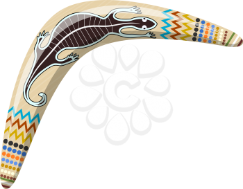 Australian boomerang. Cartoon boomerang on a white background. Vector illustration of 
color boomerang with Tribal lizard. Stock vector