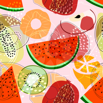 Seamless pattern with fruits: watermelon, orange, kiwi, pomegranate, melon, apple. Colorful vector pattern, flat style. Stock vector