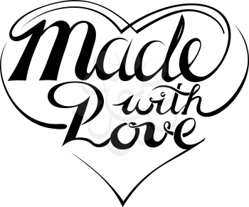 Black lettering isolated - Made with love. Label for your product is made with love. Design element for made with love. Lettering and heart shape made with love. Vector illustration. Stock vector.