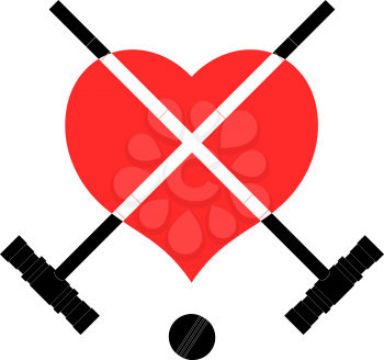 Black image hammers, ball and heart. Hammers and ball croquet on a heart background. Sign 
croquet sports. Sports equipment for croquet. Stock vector