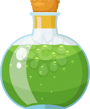 Glass bottle with cork stopper with a green liquid. The potion in a vial. Cartoon style. Stock vector illustration