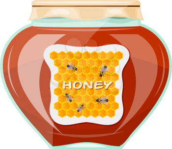Vector illustration jars of honey on a white background. Isolate. Glass jar with a dark honey, 
paper cover and label. Stock vector illustration