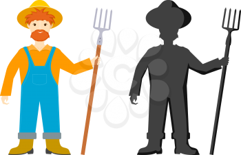 Cartoon farmer. Vector illustration of a cheerful farmer with a pitchfork on a white 
background. Stock vector illustration