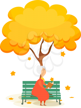The old woman on the bench. Elderly woman on a park bench, reading a book under a 
autumn yellow tree. Falling maple leaves. Autumn time. Stock vector illustration