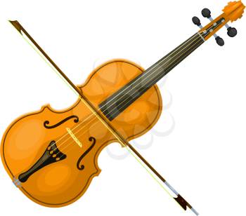 Musical instrument violin with a bow on a white background. Cartoon style. Isolated object. Stock vector illustration
