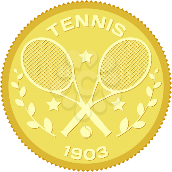 Gold medallion with the image of rackets and ball for tennis. Colored vector illustration of tennis. Stock vector illustration