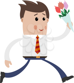 Young man with a bouquet of flowers on a white background. Running joyful successful 
businessman with a bouquet of tulips. The flat style. Stock vector illustration