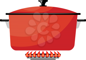 Cartoon red metal pan on a gas stove. Vector image kitchen pan in the fire. Stock vector illustration