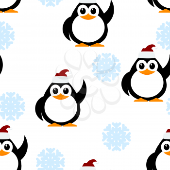 Vector illustration of a winter pattern with snowflakes and little penguins. Baby penguin with his hand raised and a cap of Santa Claus on a white background. Winter seamless pattern.