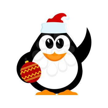 Little cheerful penguin with Christmas ball in hat of Santa Claus with a raised hand. Cartoon 
style. Vector illustration of a little baby penguin.