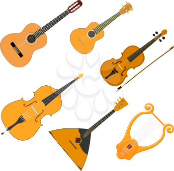 Vector color set of acoustic stringed musical instruments on a white background. Isolate. 
Violin, guitar, balalaika, ukulele, bass, cello, lyre. Stock illustration